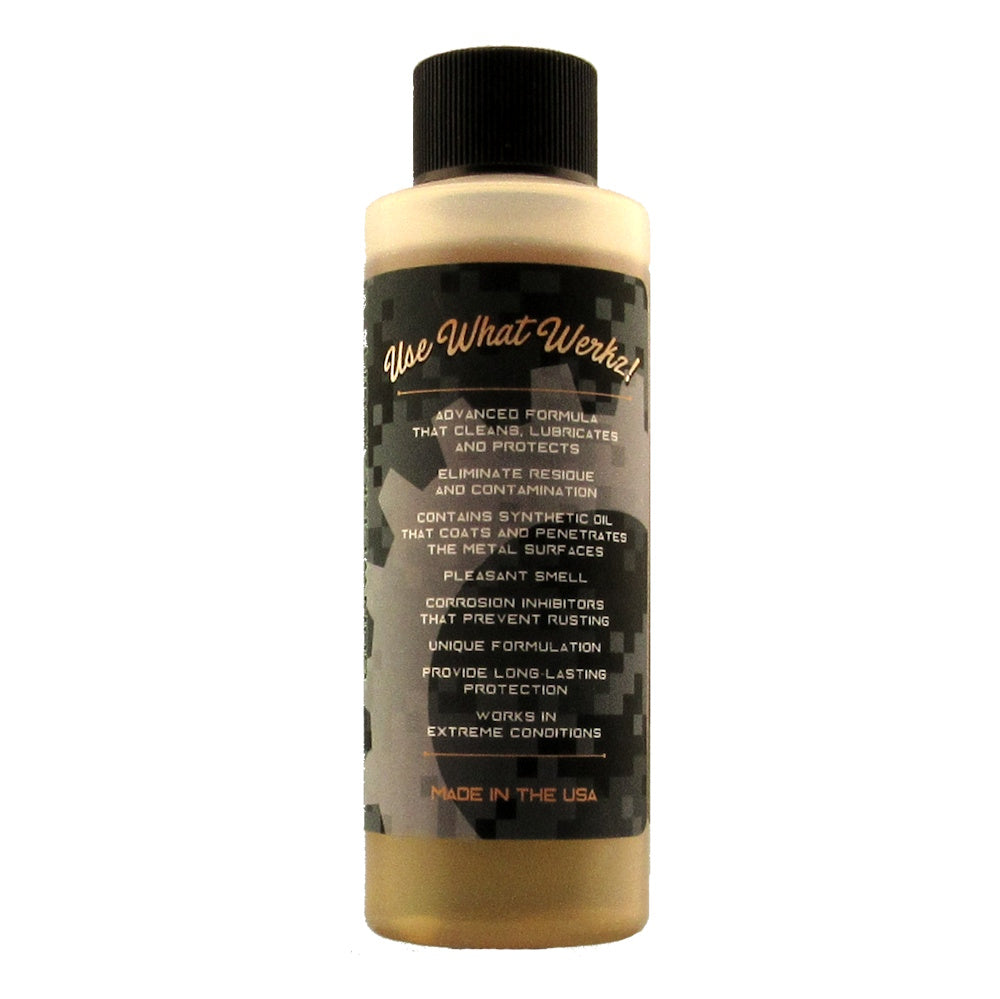 Back side of label of 4 ounce bottle of Gun Werkz PLC protectant, lubricant, cleaner on a white background