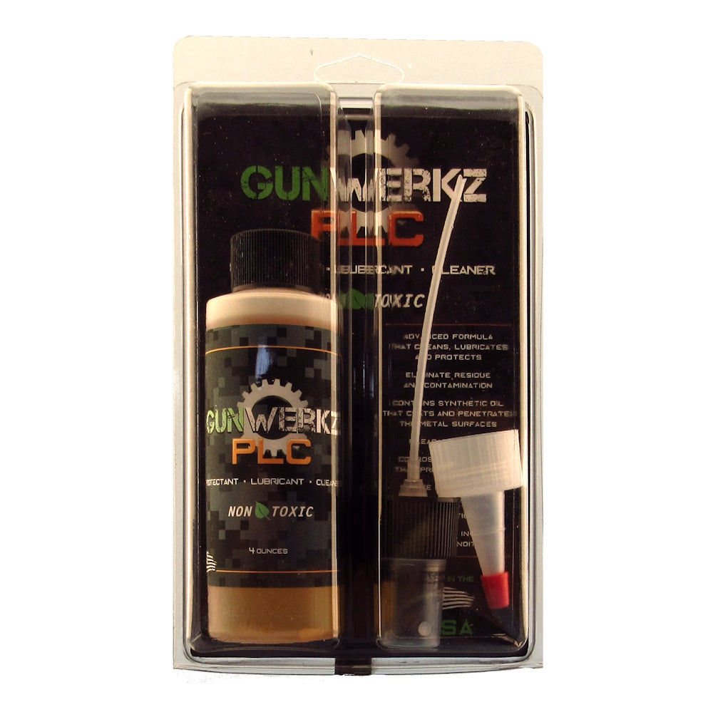 Gun Werkz PLC product set with bottle, fine mist sprayer, and applicator in clam-shell packaging on a white background
