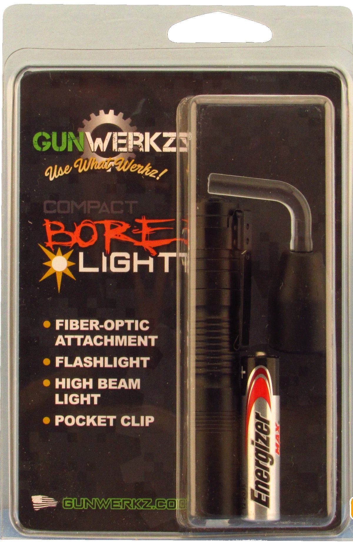 The product image shows a packaged bore light with a fiber-optic attachment, small flashlight with a pocket clip. The bore light is black, and the packaging includes the brand name 'Gunwerkz' .
