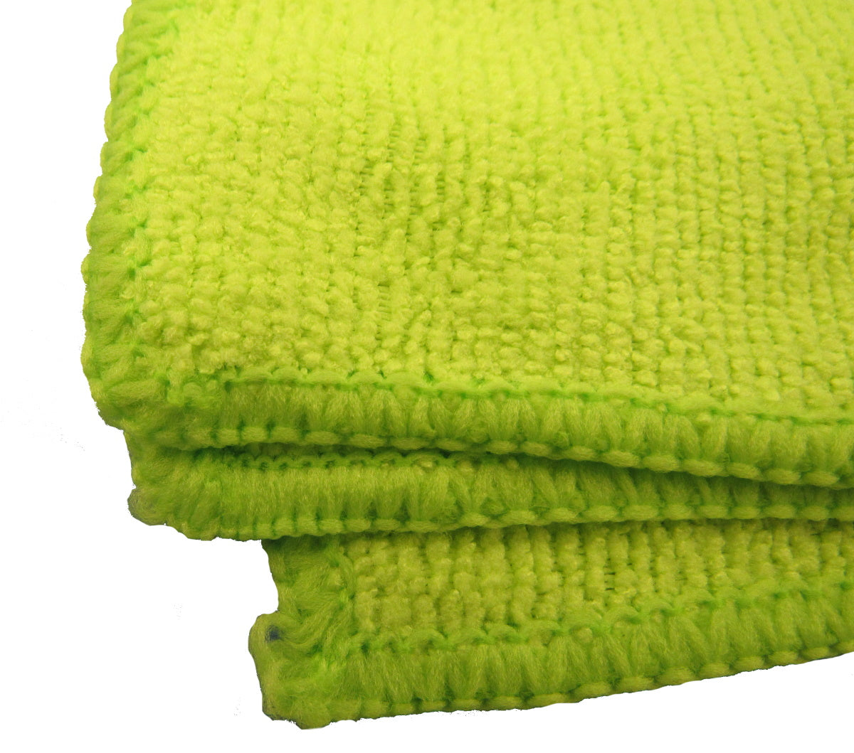 Close up view of green Gun Werkz professional quality micro fiber towels on a white background