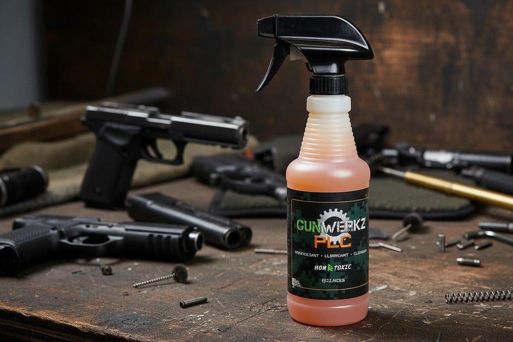 16 oz bottle of Gun-Werkz PLC on a workbench with pistols