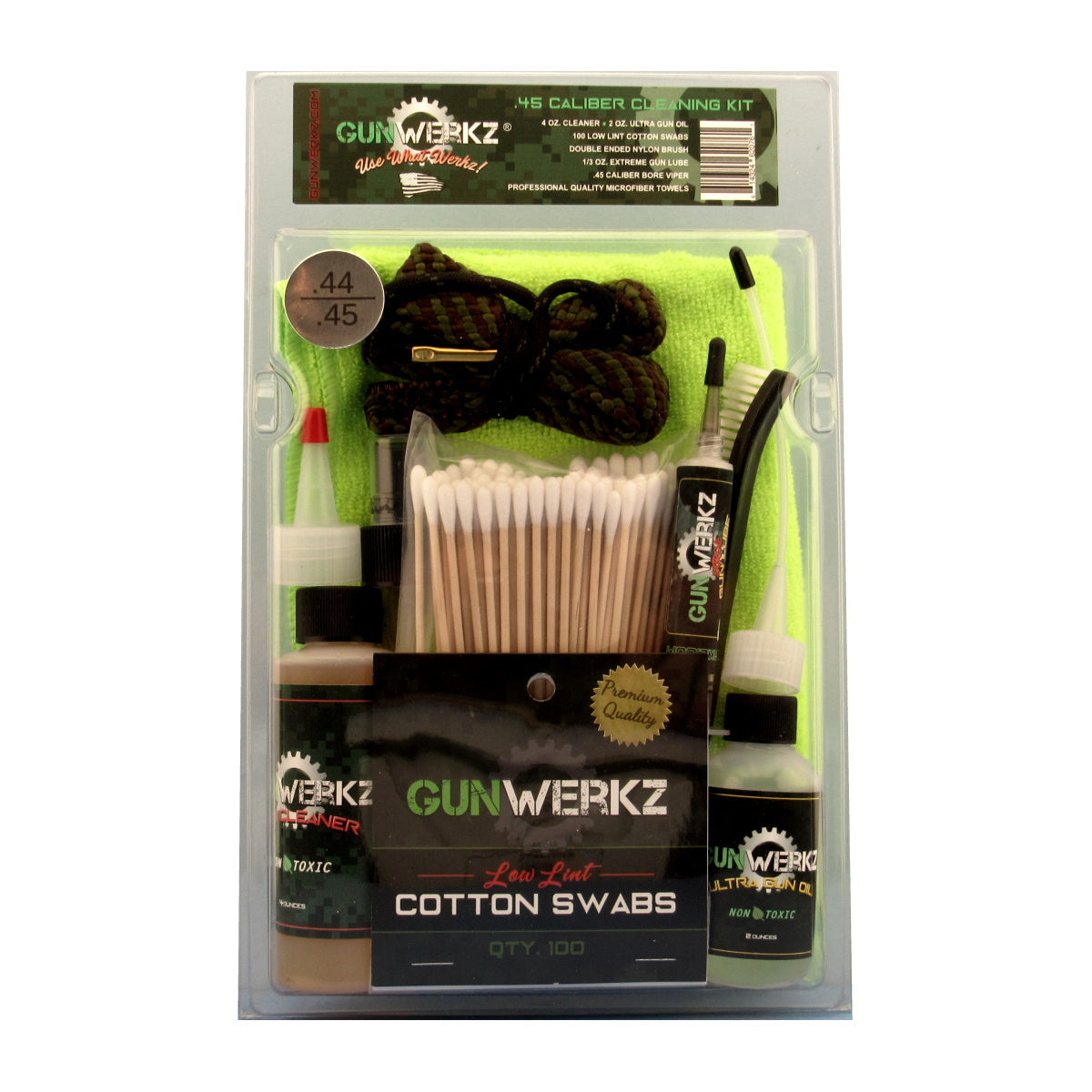 Package of Gun Werkz 45 caliber cleaning kit in a clear clamshell with cleaner, oil, cotton swabs, grease and a Bore Viper cleaning rope