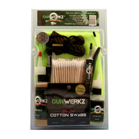Package of Gun Werkz 45 caliber cleaning kit in a clear clamshell with cleaner, oil, cotton swabs, grease and a Bore Viper cleaning rope