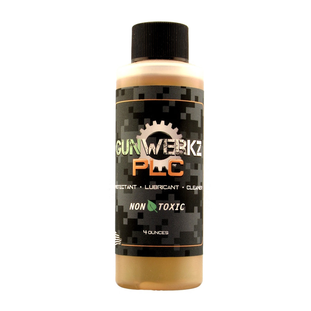 Front side of label of 4 ounce bottle of Gun Werkz PLC protectant, lubricant, cleaner on a white background
