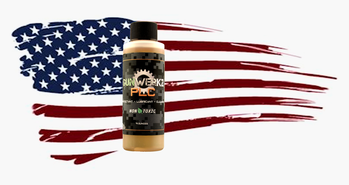 4 ounce bottle of Gun Werkz PLC on a background of an American flag