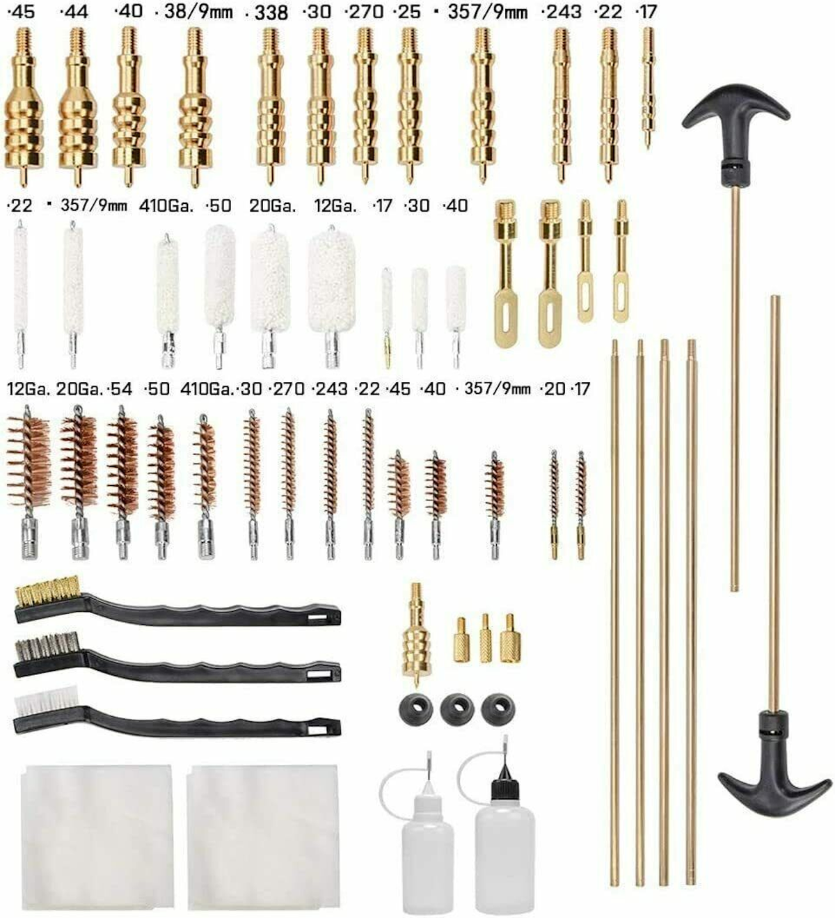 Picture of all the parts of the Gun Werkz 58 piece rifle and pistol cleaning kit in a green plastic case on a white background