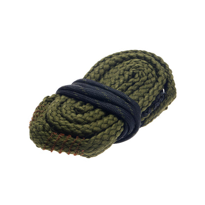 Rolled up  38 caliber Bore Viper cleaning rope that is made with green braided cotton threads on a white background