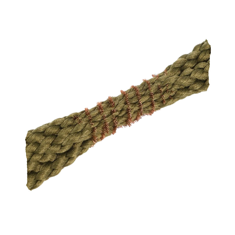 Close up picture of the copper brush embedded into the braiding of a 38 caliber Gun Werkz Bore Viper cleaning rope