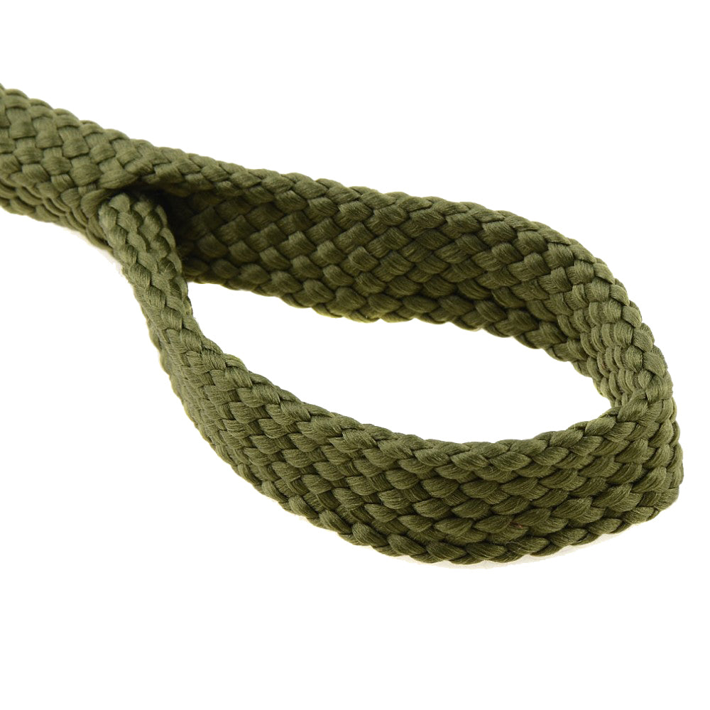 Loop end of a 38 caliber Bore Viper cleaning rope that is made with green braided cotton threads on a white background