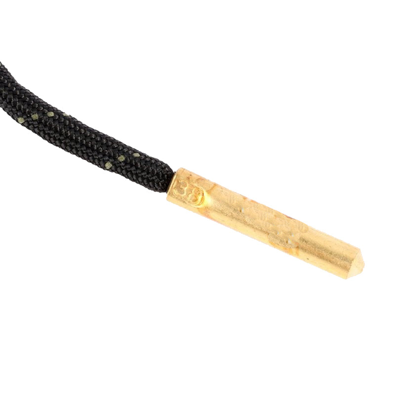 Brass end of 38 caliber Bore Viper cleaning rope with 38 stamped into the brass on a white background