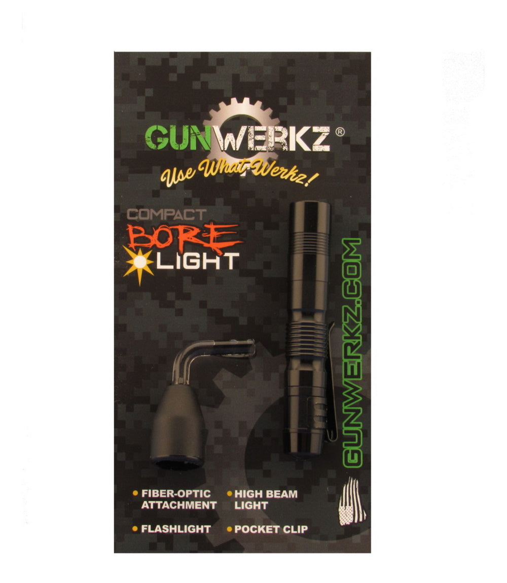 Packaging of Gunwerkz Compact Bore Light with product illustration on a dark background