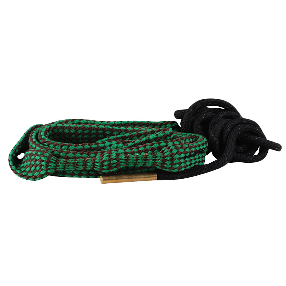 Green and brown braided cleaning rope with a brass end on a white background