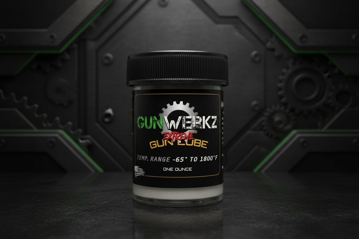 Jar of Gunwerkz Extreme Gun Lube on a branded background