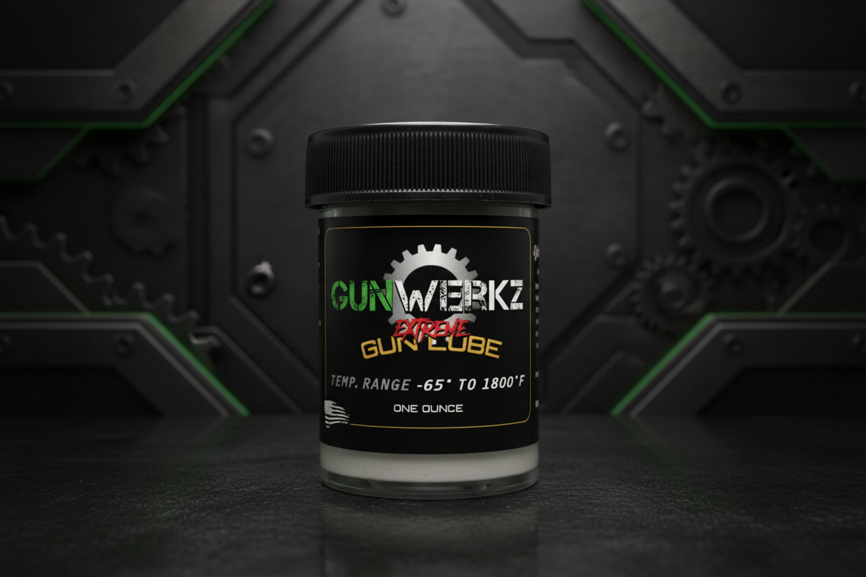 Jar of Gunwerkz Extreme Gun Lube on a branded background