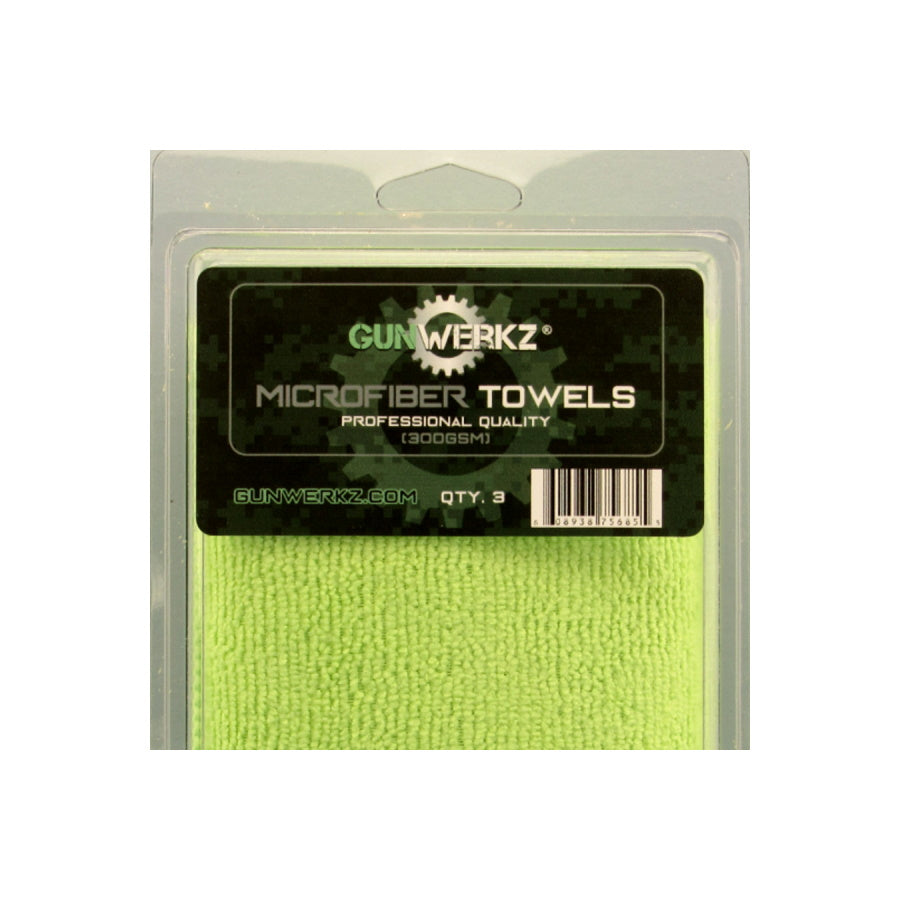 Close up view of package of green Gun Werkz professional quality micro fiber towels on a white background