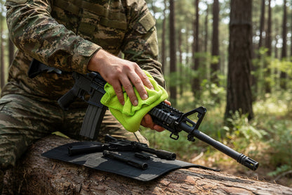 man in the forest wearing camo wiping down an AR-15 while sitting on a fallen log