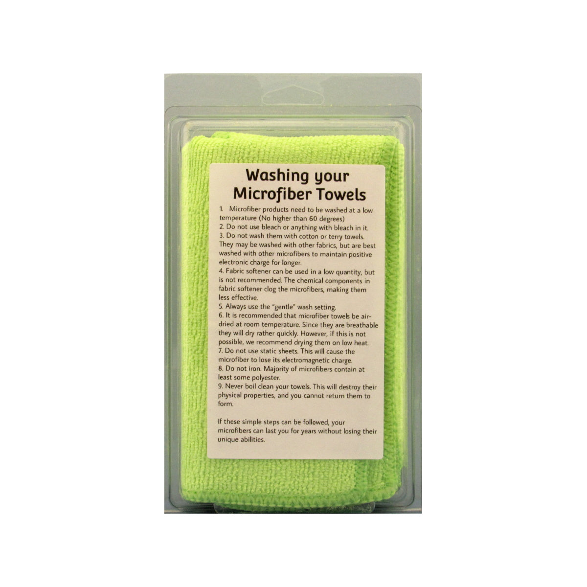 Backside of package of green Gun Werkz microfiber towels with washing instructions on a white background