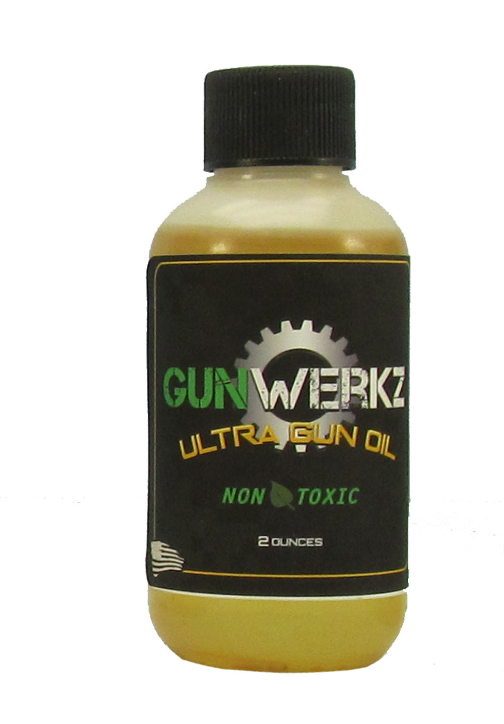 Front side of a 2 ounce bottle of Gun Werkz Ultra Gun Oil on a white background