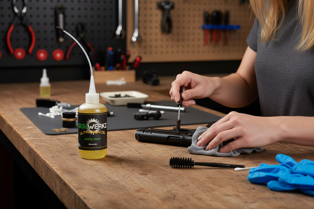 8 ounce bottle of oil sitting on a workbench with tools in the background and a woman cleaning and oiling her handgun