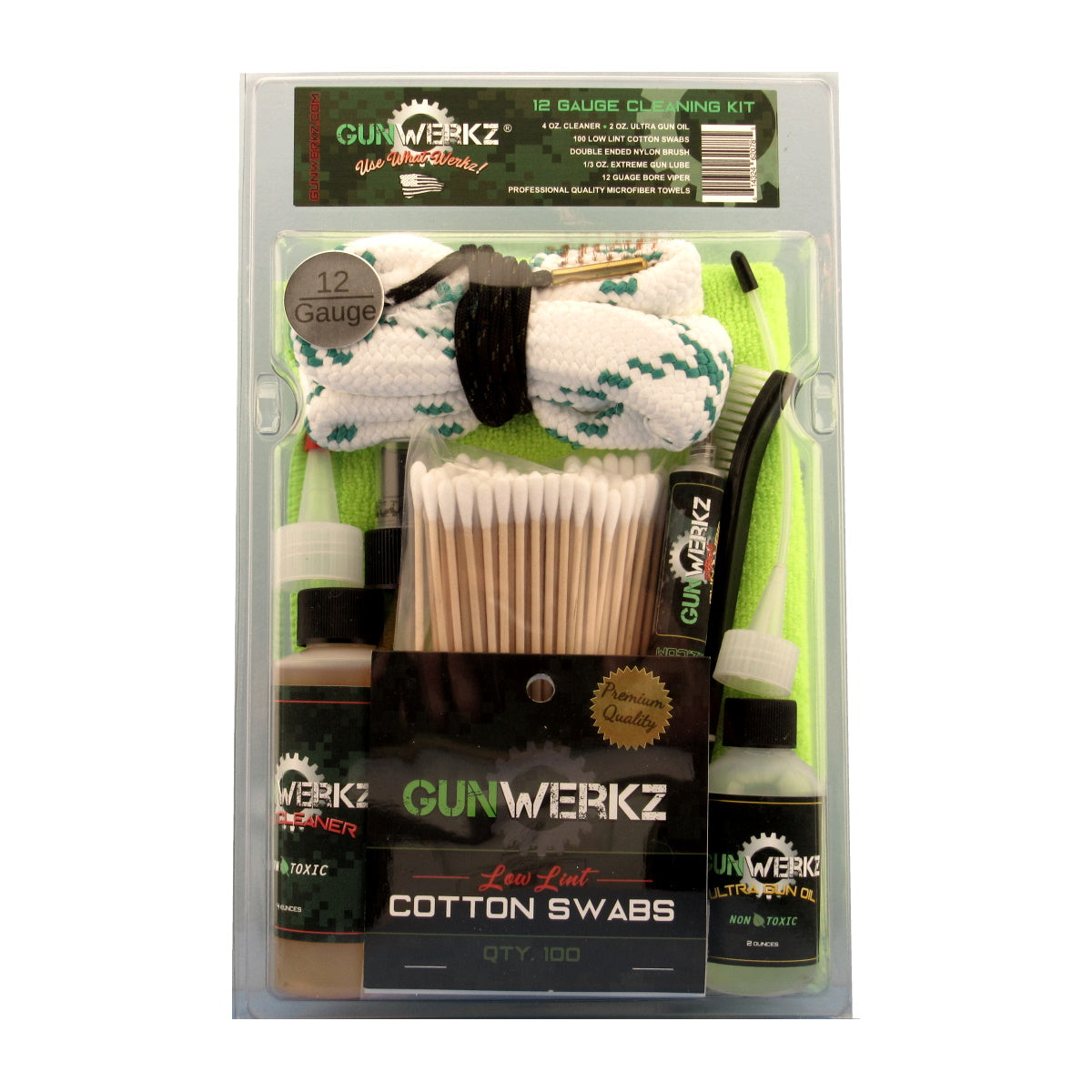 Gun-Werkz 12 Ga. Cleaning Kit packaged in a clear plastic clam-shell, containing various cleaning supplies for a shotgun.