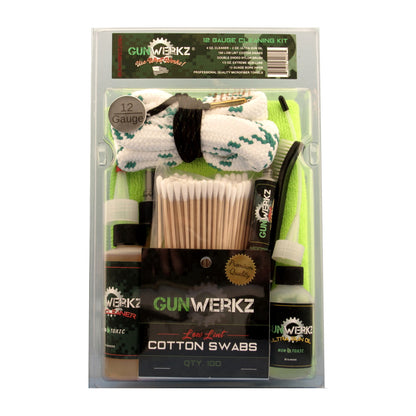 Gun-Werkz 12 Ga. Cleaning Kit packaged in a clear plastic clam-shell, containing various cleaning supplies for a shotgun.