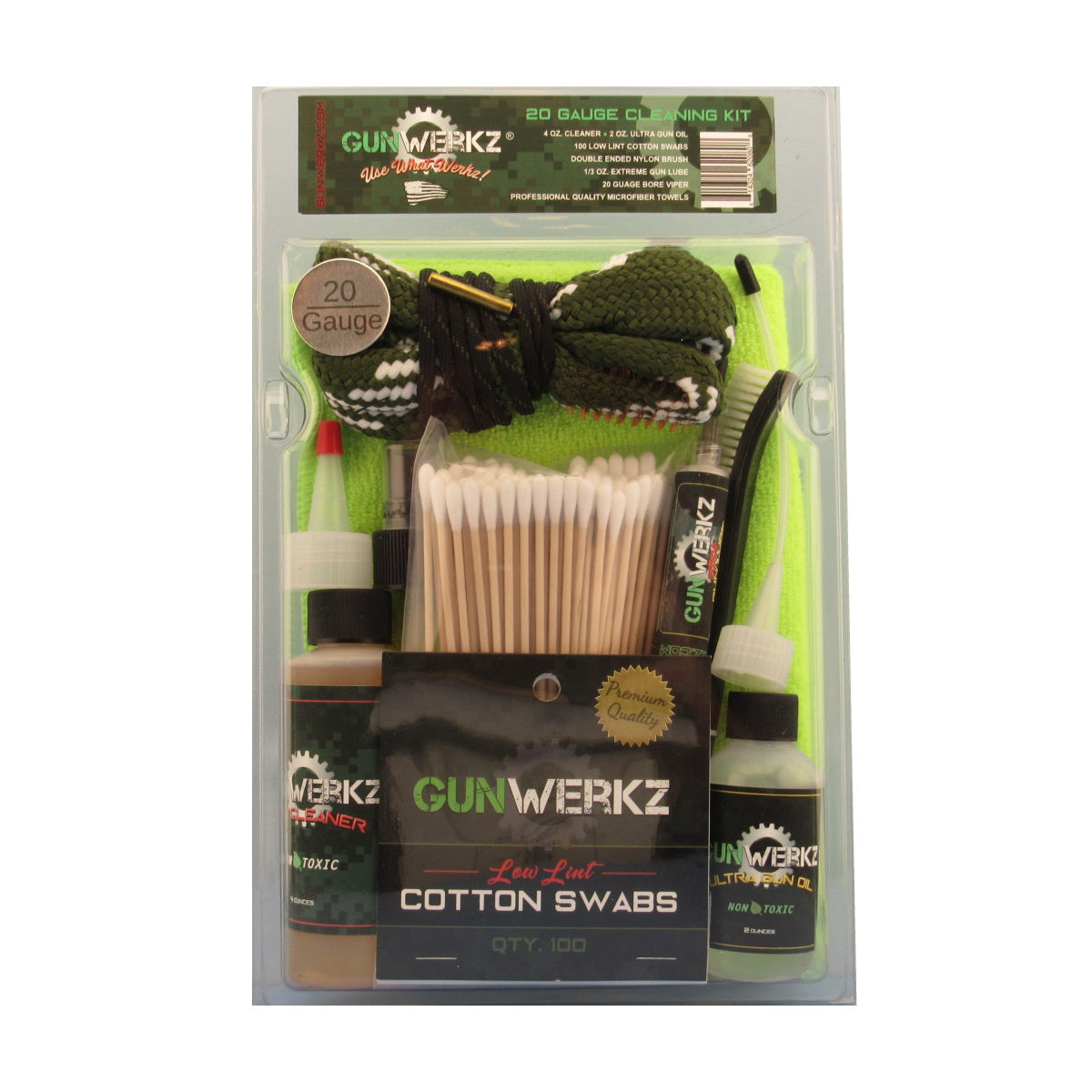 Gun-Werkz 20 Ga. Cleaning Kit packaged in a clear plastic clam-shell, containing various cleaning supplies for a shotgun.