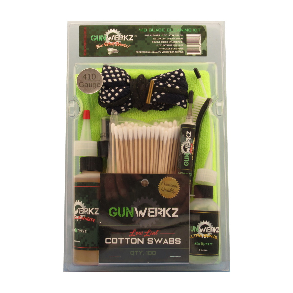 Gun-Werkz 410 Ga. Cleaning Kit packaged in a clear plastic clam-shell, containing various cleaning supplies for a shotgun.