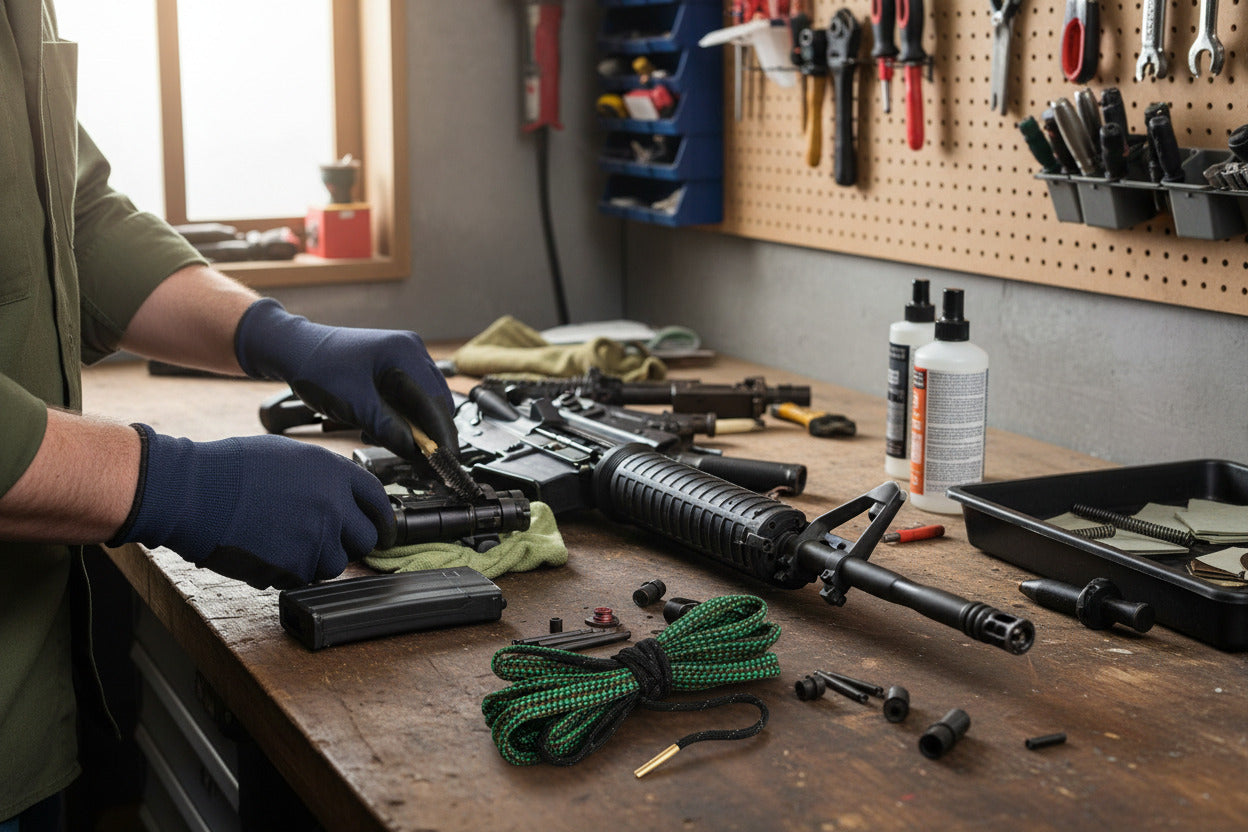 Man cleaning his AR-15 on a workbench with tools hanging up on the back wall with a 223 bore viper lying on the bench