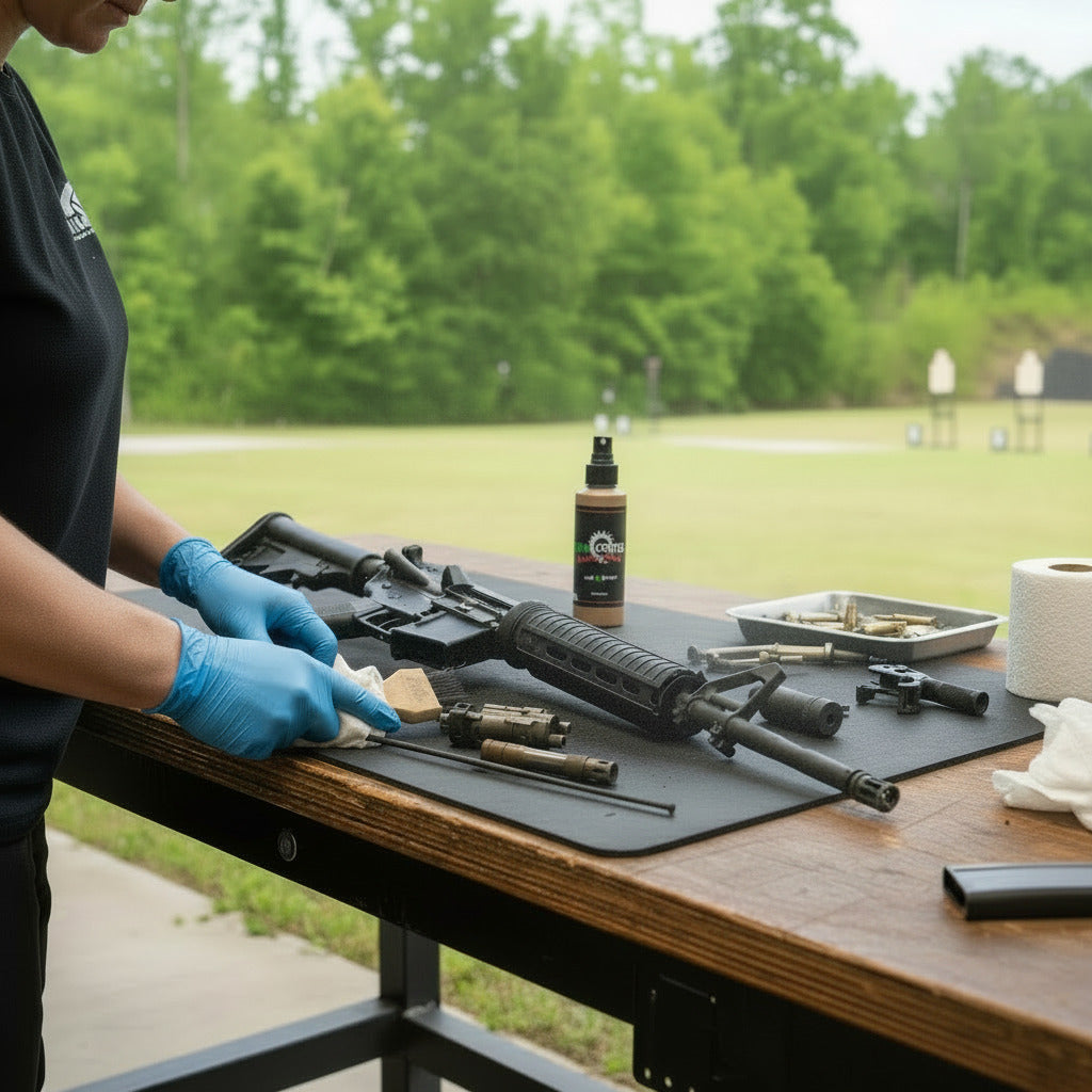 Woman cleaning her AR-15 on a cleaning mat on a bench at an outdoor gun range with a bottle of GunWerkz cleaner on the bench behind the gun. Various gun parts are on the cleaning mat that is on the bench.