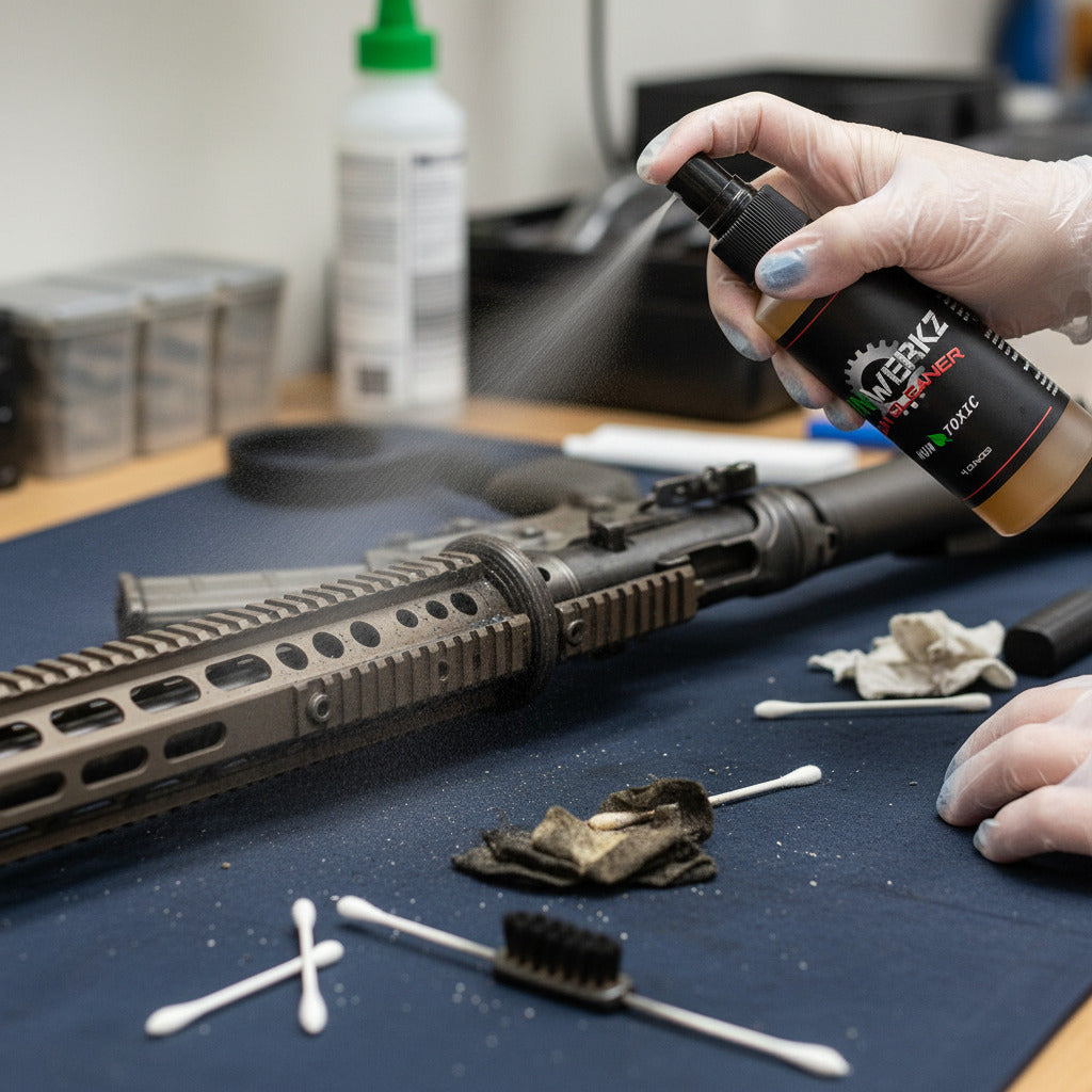 Woman cleaning AR-10 with Gun Werkz gun cleaner on a bench with a blue mat and cotton swabs in the foreground
