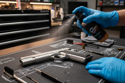 person cleaning a high end pistol on a cleaning mat in an organized room in a gun shop