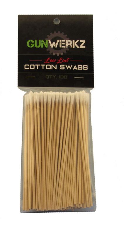 Package of 100 low lint cotton swabs with a Gun Werkz label on a white background