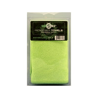 A pack of three green microfiber towels in a clear plastic reusable container with a black label displaying the Gun Werkz brand.