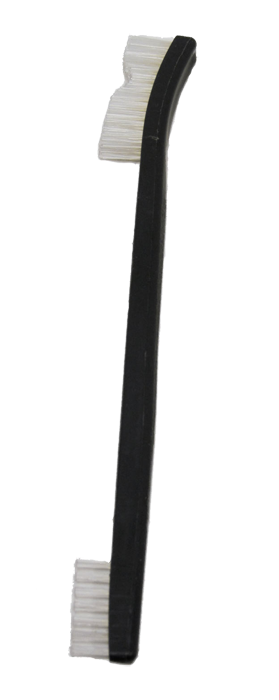 Black-handled toothbrush with white bristles on each end for gun cleaning on a white background